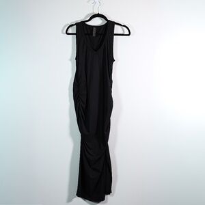 Beyond Yoga Women's V Neck Sleeveless Ruched Stretch Midi Dress Black Medium